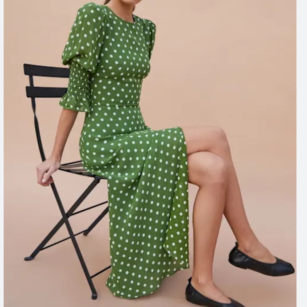 Reformation Green Polka Dot Carolena Midi High Slit Dress
